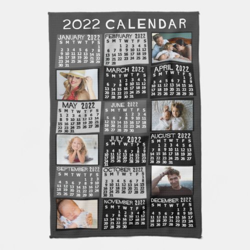 2022 Year Monthly Calendar Photo Collage Mod Black Kitchen Towel