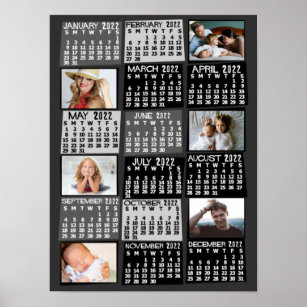 2022 Year Monthly Calendar Photo Collage Mod Black Poster