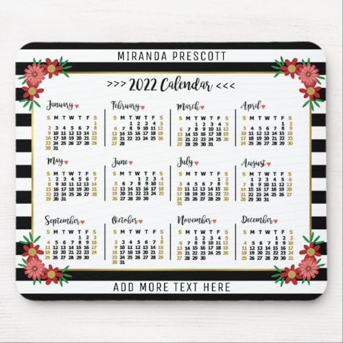 2022 Year Monthly Calendar  Preppy Floral Stripes Mouse Pad