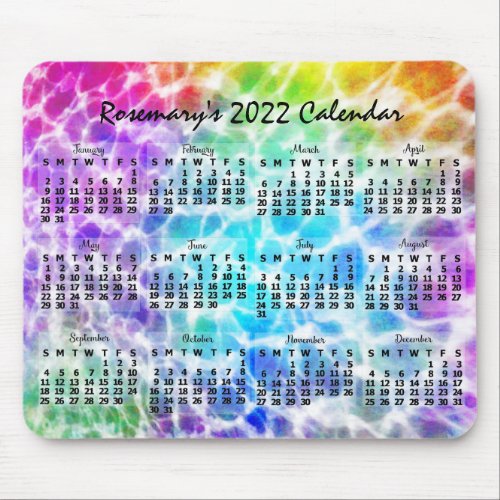 2022 Year Monthly Calendar Tiedye Hippie Rainbow Mouse Pad