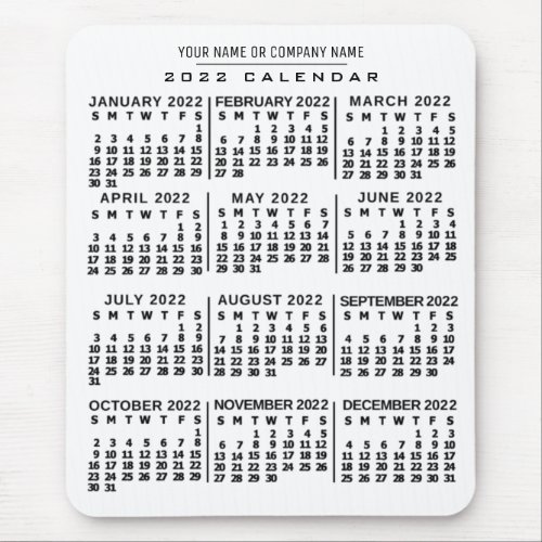 2022 Year Monthly Calendar White Black Custom Name Mouse Pad