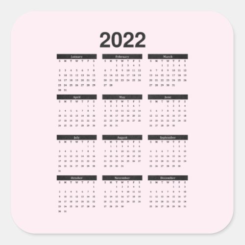 2022 Yearly Calendar on Pale Pink Square Sticker
