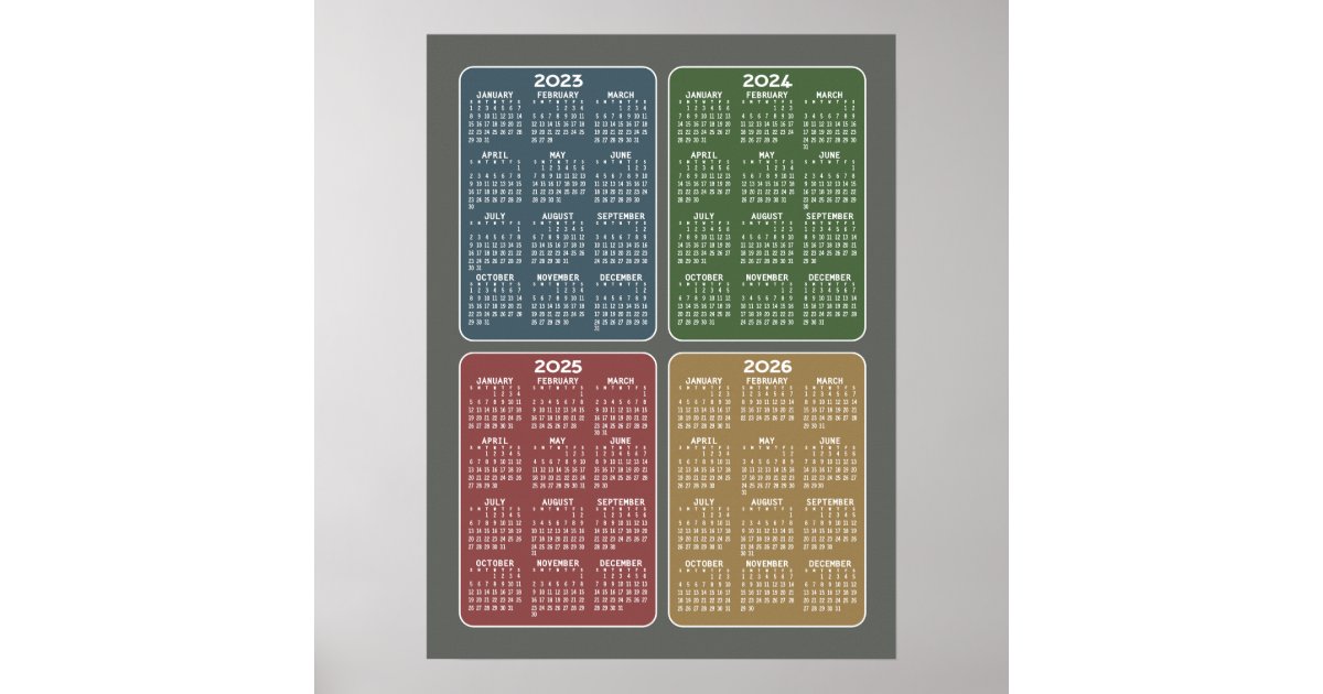 2023 2024 2025 2026 Calendar 4 year warm colors Poster Zazzle