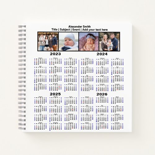 2023 2024 2025 2026 Calendar Custom Photo Modern Notebook