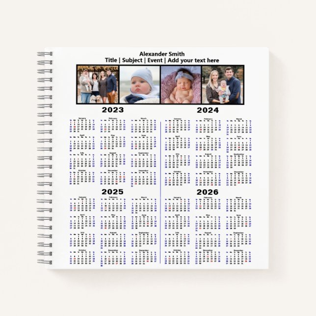 2023 2024 2025 2026 Calendar Custom Photo Modern Notebook (Front)
