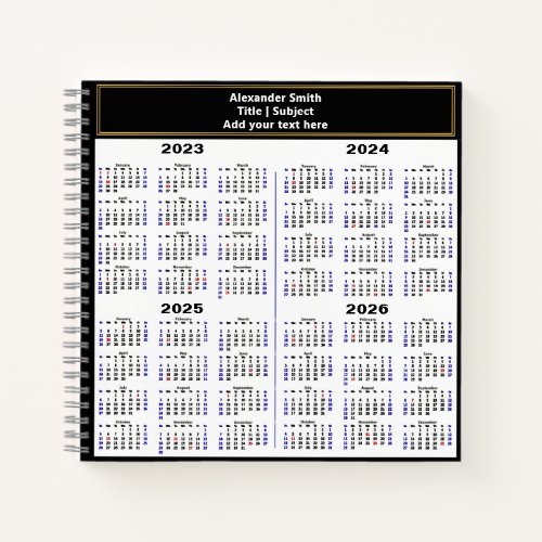 2023 2024 2025 2026 Calendar Modern Custom Text Notebook