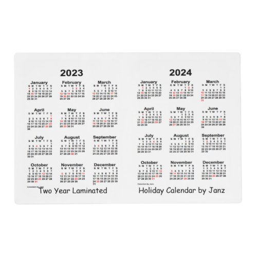 2023_2024 White 2 Year Holiday Calendar by Janz Placemat