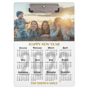 2023-2026 Calendar Modern Gold Script Family Photo Clipboard