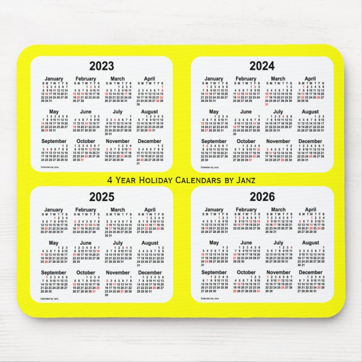 2023 2026 Yellow Holiday Calendar By Janz Mouse Pad