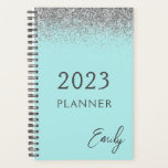 2023 Aqua Blue Teal Silver Glitter Monogram Planner<br><div class="desc">2023 Aqua Blue Teal Silver Glitter Monogram Name and Initial Spiral Notebook. This makes the perfect sweet 16 birthday,  wedding,  bridal shower,  anniversary,  baby shower or bachelorette party gift for someone that loves glam luxury and chic styles.</div>