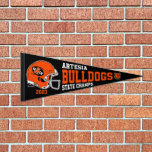 2023 Artesia Bulldogs State Champs Pennant Flag<br><div class="desc">2023 Artesia Bulldogs State Champs Pennant featuring the 2023 Bulldog helmet with Mack Chase Memorial decal on a black pennant with white and orange Artesia Bulldogs State Champs lettering, 2023 beneath the helmet and Bulldog mascot at right of pennant. (Anytime this Bulldog is seen without my Skyrider Designs copyright, it...</div>