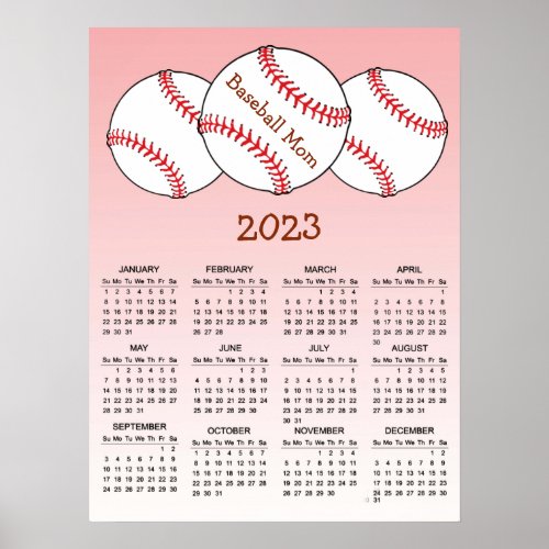 2023 Baseball Mom USA Red Sports Calendar Poster