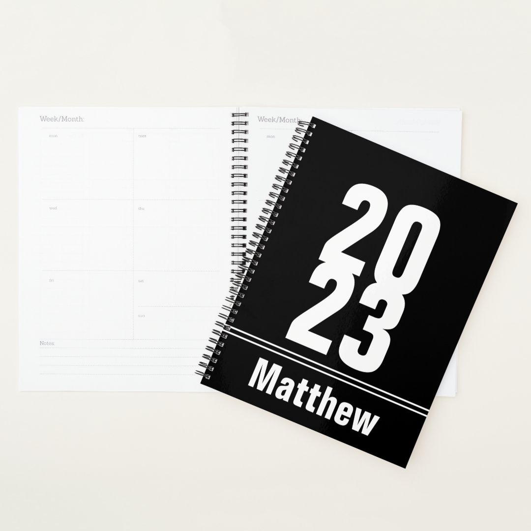 2023 Black and White Name Text Template Planner Zazzle