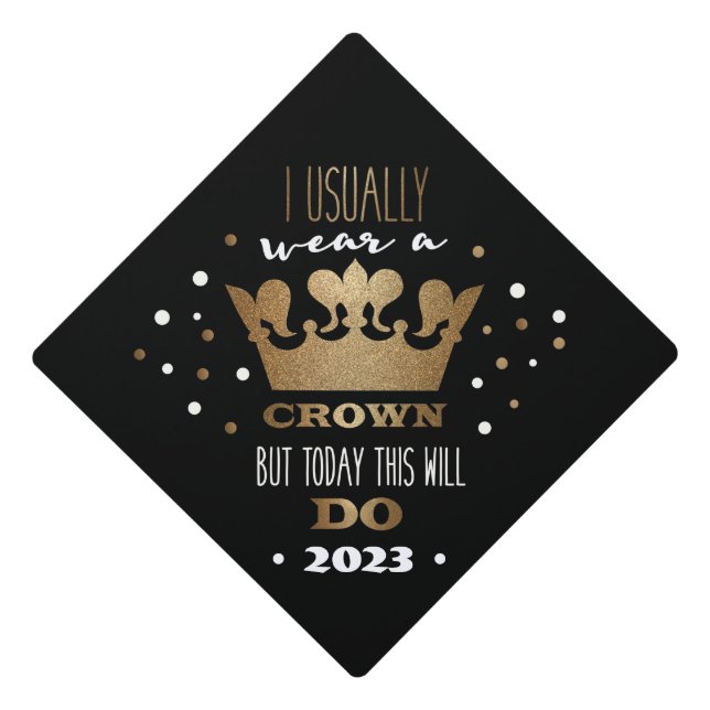 2023 Black Faux Gold Glitter Crown Graduation Cap Topper (Front)