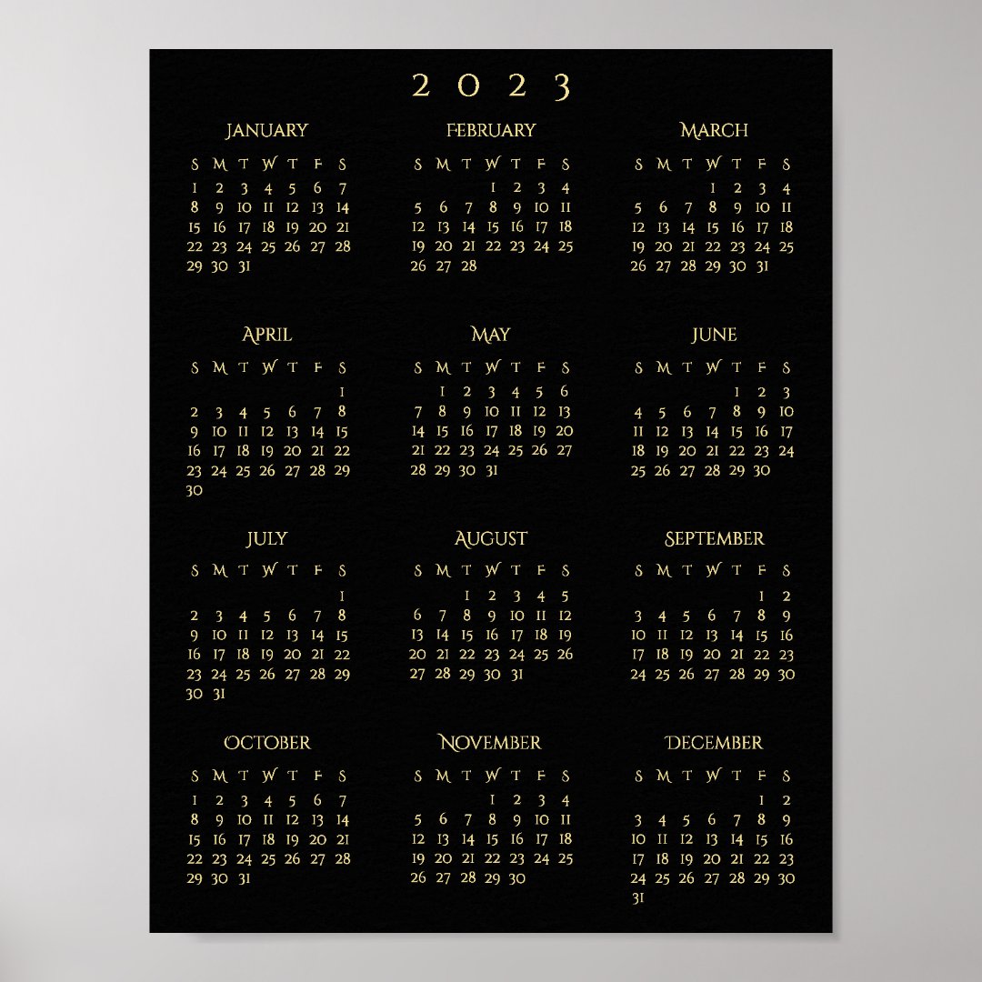 2023 Black Gold Full Year Home Office Calendar Poster | Zazzle