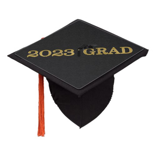 2023 BLACK Grad Cap on Black Damask with Gold Text