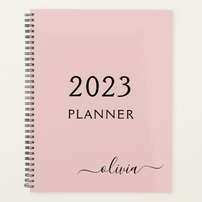 2023 Blush Pink Girly Script Monogram Name Modern Planner (Front)