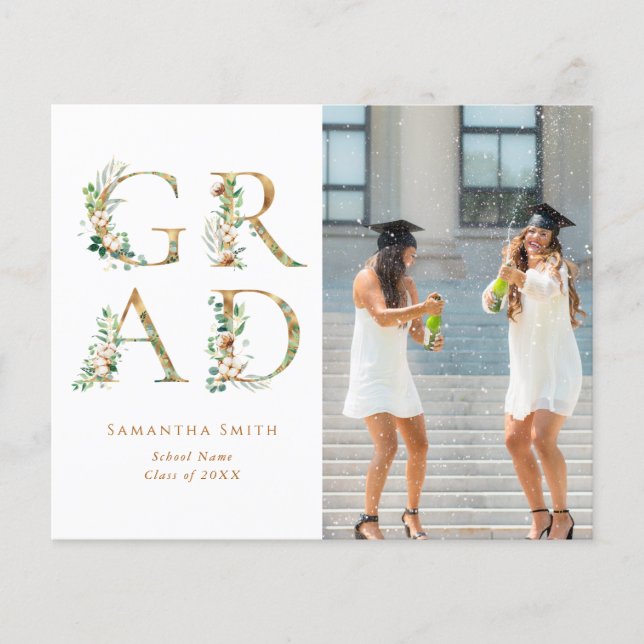 2023 BUDGET Gold Floral Modern Grad Invitation (Front)