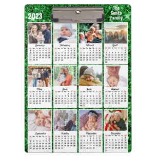 2023 Calendar 12 Family Photo Modern Green Glitter Clipboard