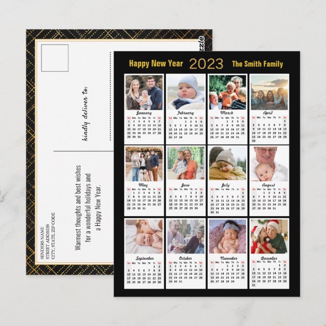 2023 Calendar 12 Photo Modern Family Gold Script Postcard (Front/Back)