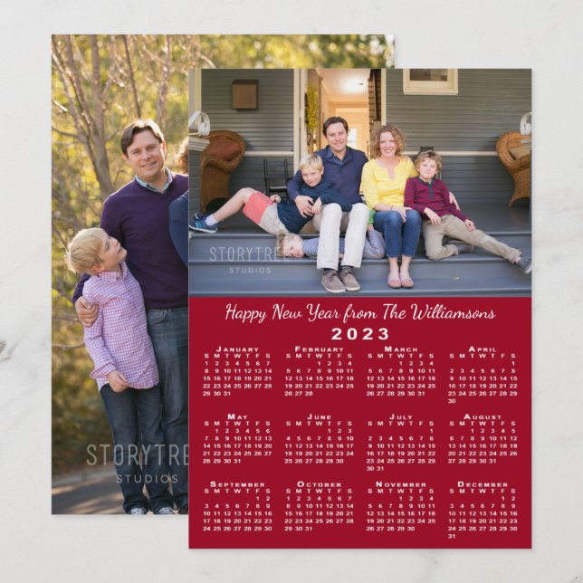 2023 Calendar 2 Custom Photos Red Happy New Year Holiday Card (Front/Back)