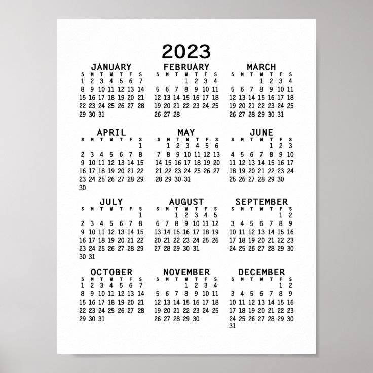 2023 Calendar - Basic Minimal Poster | Zazzle