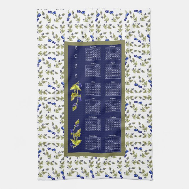 2023 Calendar Blueberries Stemmed Leaves Border Kitchen Towel (Vertical)