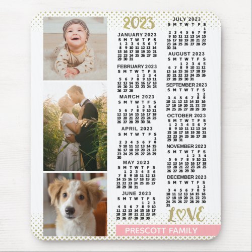 2023 Calendar Blush Pink Gold Family Photo Collage Mouse Pad