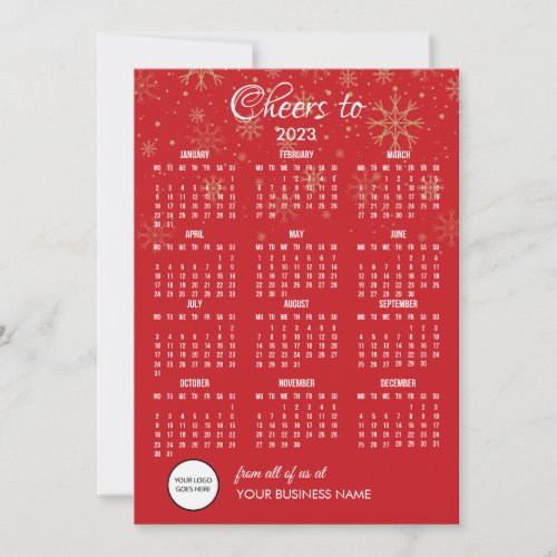 2023 Calendar Business Logo Gold Snowflakes Holiday Card