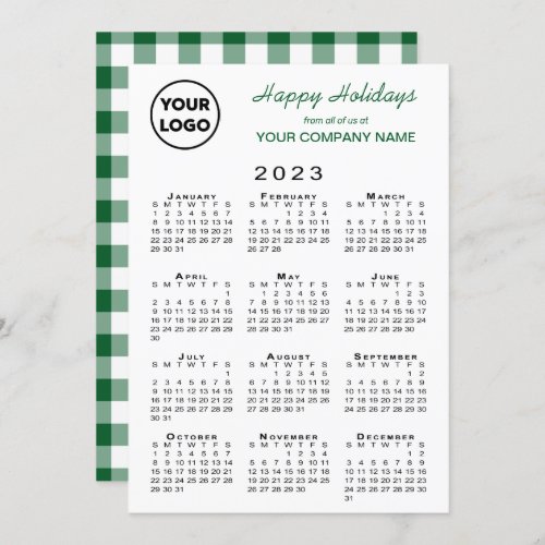 2023 Calendar Business Logo Green White Gingham Holiday Card