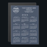 2023 Calendar Business Logo Text Navy Magnet Card<br><div class="desc">Send your customers a 2023 calendar magnetic card personalized with your logo, company name, and business contact information in white text on a navy blue background. Add your logo, company name, and custom text (website, phone number, address, slogan, or other message) in the sidebar. Your logo can be any shape....</div>