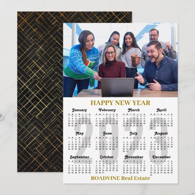 2023 Calendar Business Modern Gold Black Script Holiday Card (Front/Back)