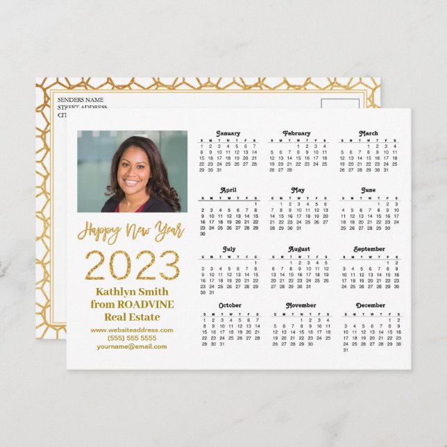 2023 Calendar Business Modern Gold Script Photo Postcard (Front/Back)