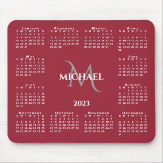 2023 Calendar Chic Monogram Name on Red Mouse Pad