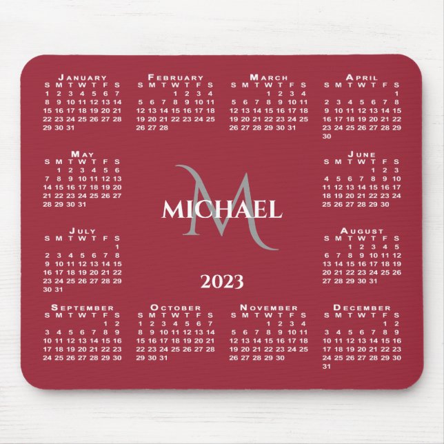 2023 Calendar Chic Monogram Name on Red Mouse Pad (Front)