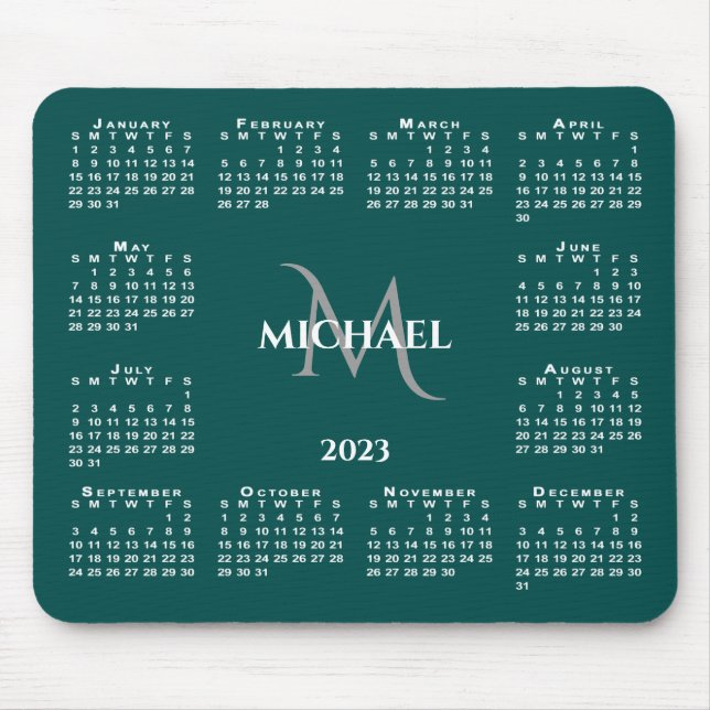 2023 Calendar Chic Monogram Name on Teal Mouse Pad (Front)