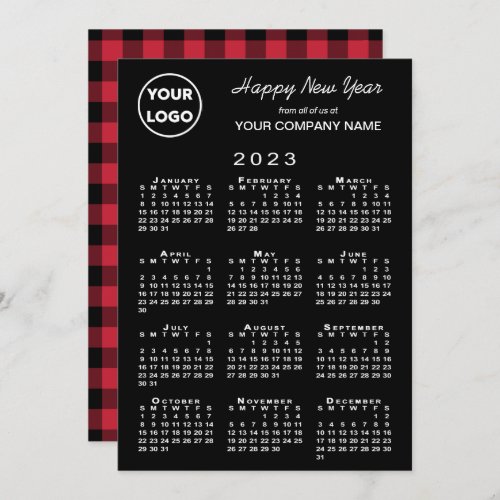 2023 Calendar Company Logo Red Black Buffalo Check Holiday Card