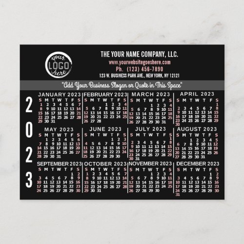2023 Calendar Custom Business Logo Name Black Easy Postcard