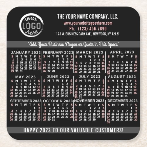 2023 Calendar Custom Business Logo Name Black Easy Square Paper Coaster