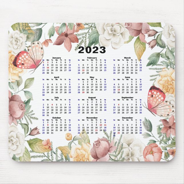2023 Calendar Custom Floral Rose Pink Butterfly  Mouse Pad (Front)