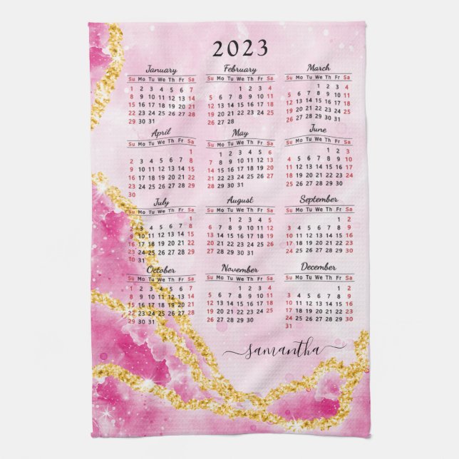 2023 Calendar Custom Name Girly Pink Elegant Kitchen Towel (Vertical)
