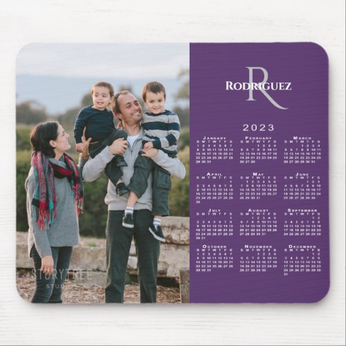 2023 Calendar Custom Photo Monogram Name on Purple Mouse Pad