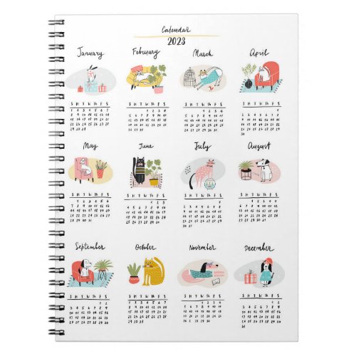 2023 Calendar Cute Cartoon Cats and Dogs Notebook