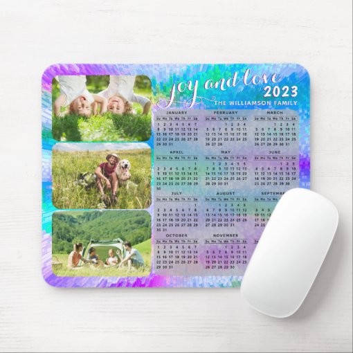 2023-calendar-faux-holographic-3-photo-collage-mouse-pad-zazzle