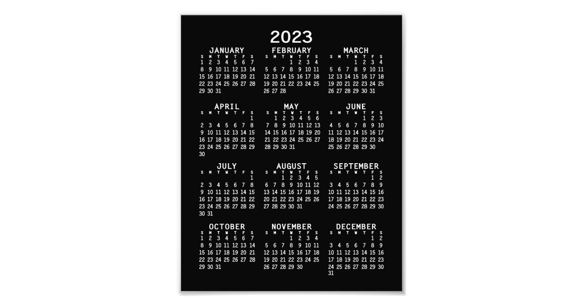 2023 Calendar full year view vertical Black Photo Print Zazzle