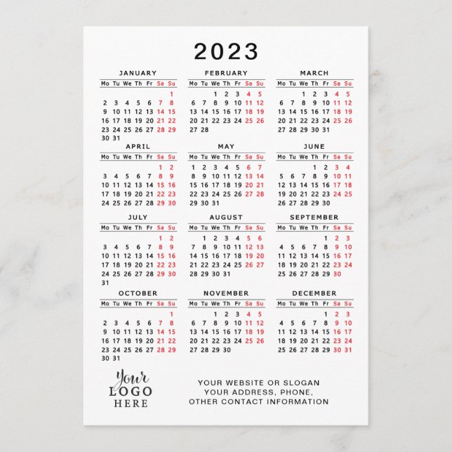 2023 Calendar Full Year White Black Red Minimal Program (Front)