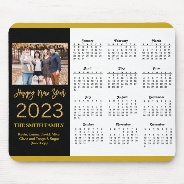 2023 Calendar Gold Script Simple Family Photo Mouse Pad (Front)