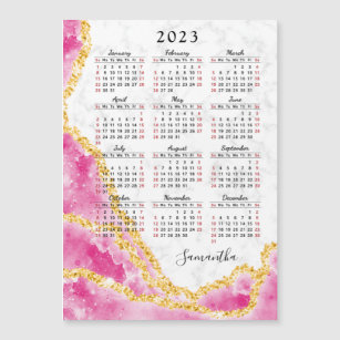 2023 Calendar Magnet Custom Name Pink White Marble