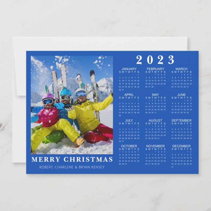 2023-calendar-minimal-merry-christmas-photo-blue-holiday-card-zazzle