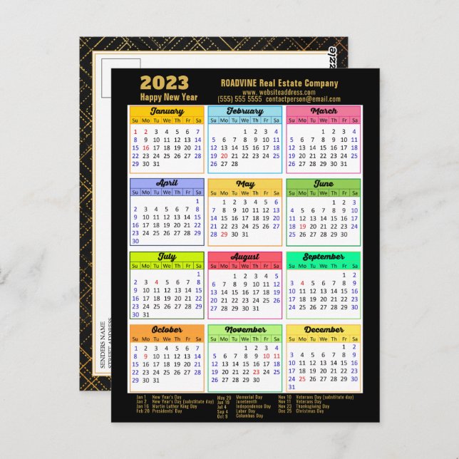 2023 Calendar Modern Black Gold Script Business Postcard (Front/Back)
